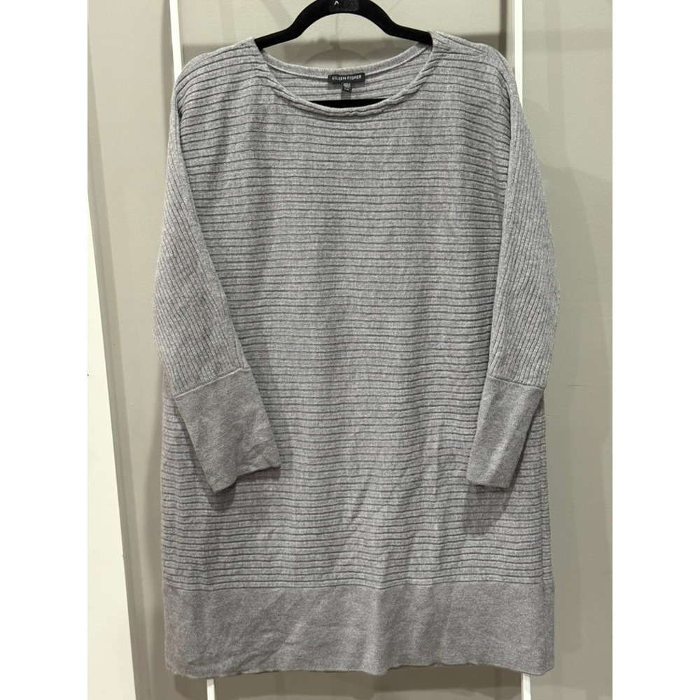 Eileen Fisher Extra Fine Merino Wool Tunic Sweater Grey L Lagenlook Minimalist